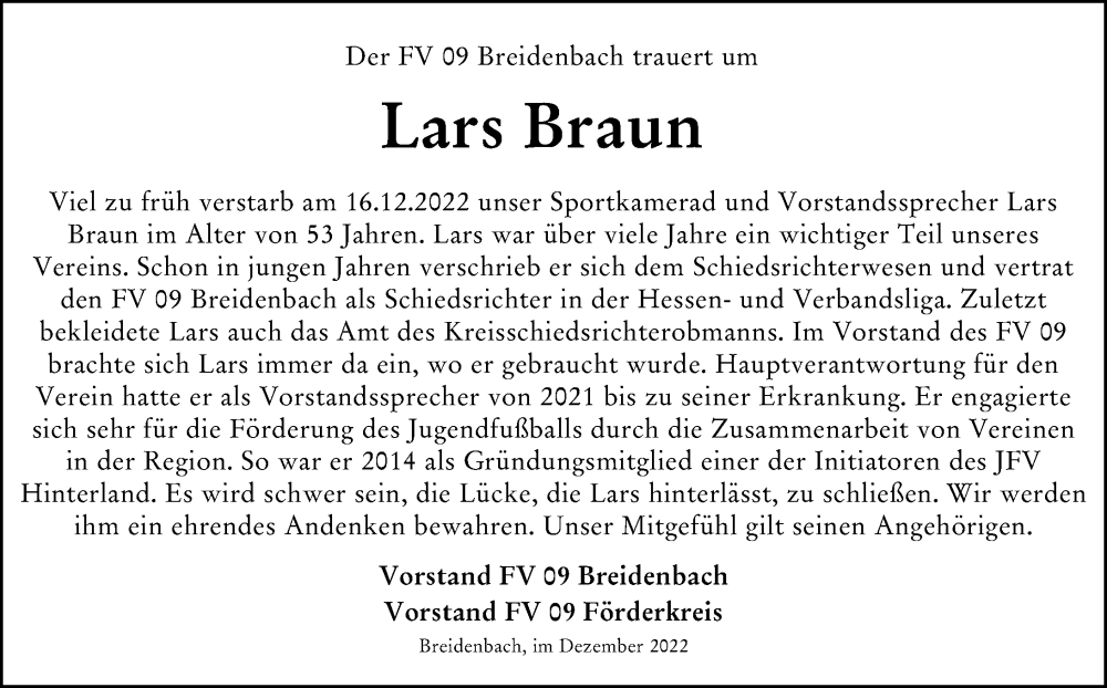  Traueranzeige für Lars Braun vom 21.12.2022 aus Hinterländer Anzeiger