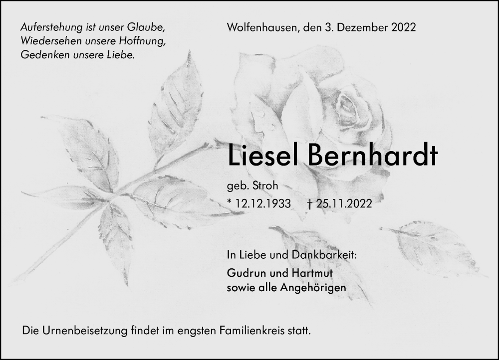  Traueranzeige für Liesel Bernhardt vom 03.12.2022 aus Weilburger Tageblatt