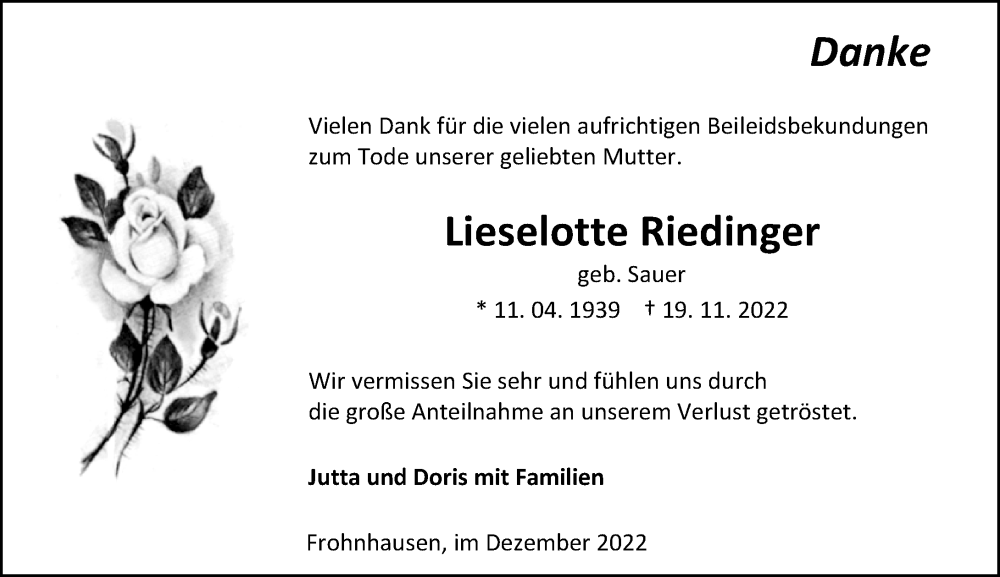  Traueranzeige für Lieselotte Riedinger vom 30.12.2022 aus Dill Block