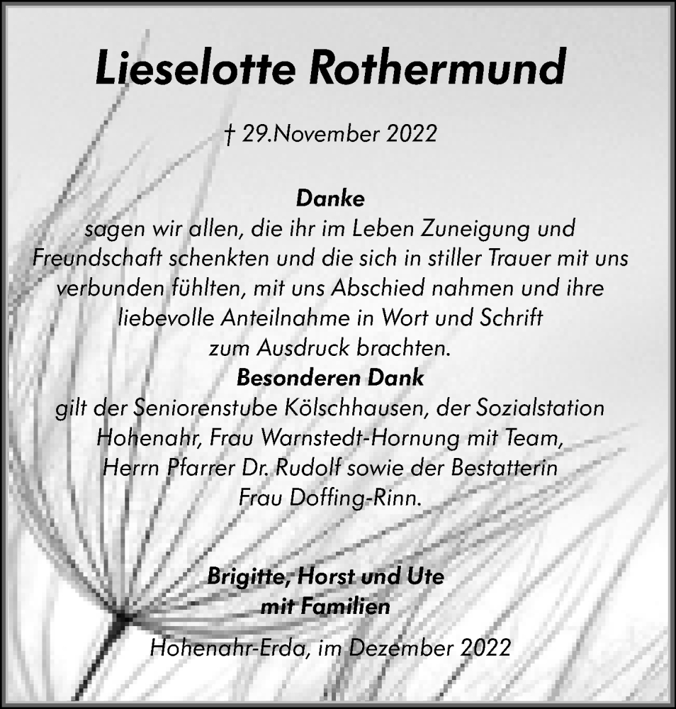  Traueranzeige für Lieselotte Rothermund vom 17.12.2022 aus Wetzlarer Neue Zeitung