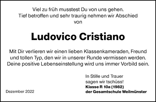 Traueranzeige von Ludovico Cristiano von Weilburger Tageblatt
