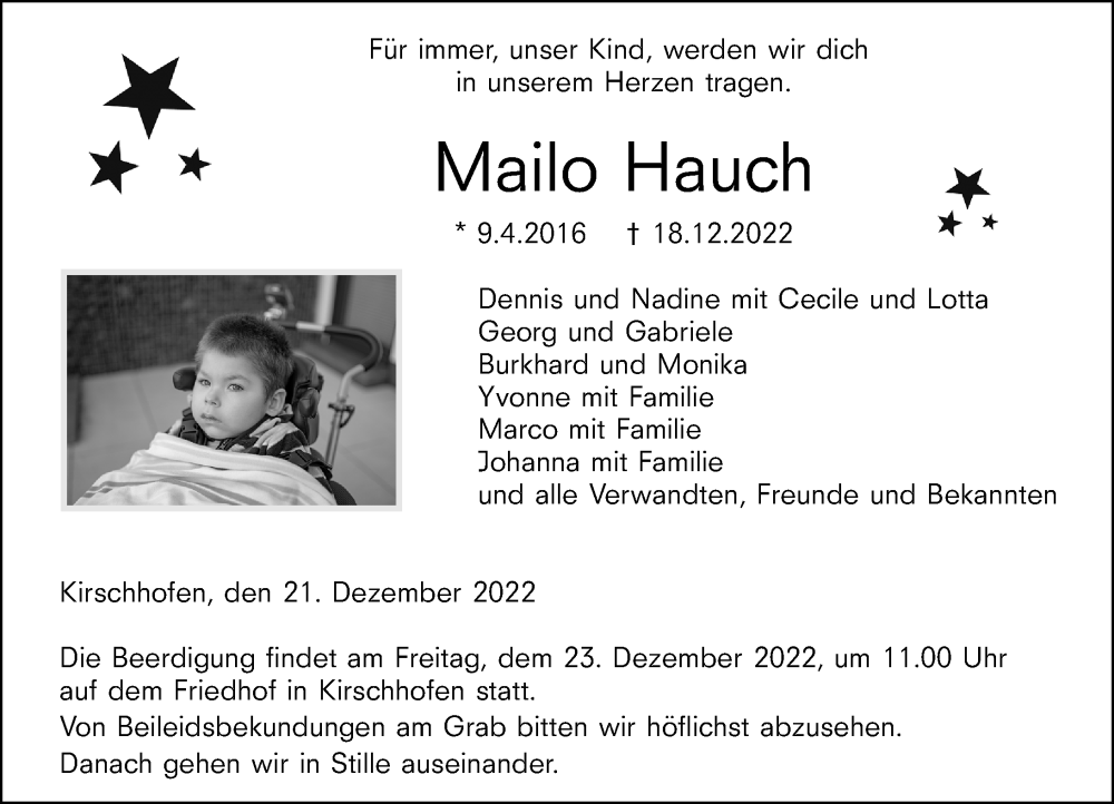  Traueranzeige für Mailo Hauch vom 21.12.2022 aus Weilburger Tageblatt