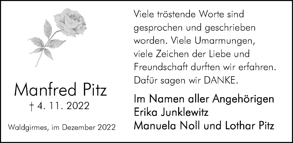  Traueranzeige für Manfred Pitz vom 10.12.2022 aus Wetzlarer Neue Zeitung