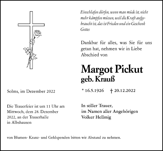 Traueranzeige von Margot Pickut von Wetzlarer Neue Zeitung