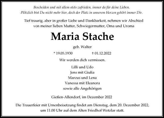 Traueranzeige von Maria Stache von Wetzlarer Neue Zeitung