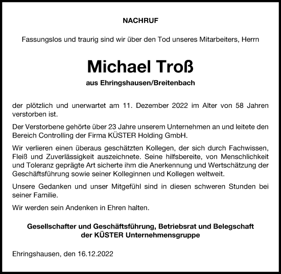 Traueranzeige von Michael Troß von Wetzlarer Neue Zeitung