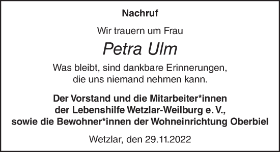 Traueranzeige von Petra Ulm von Weilburger Tageblatt