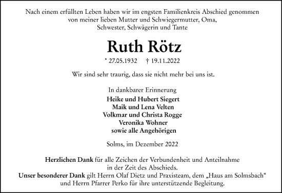 Traueranzeige von Ruth Rötz von Wetzlarer Neue Zeitung