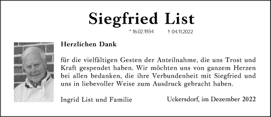 Traueranzeige von Siegfried List von Dill Block