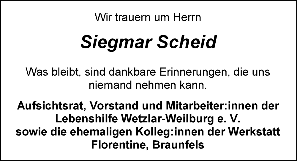  Traueranzeige für Siegmar Scheid vom 17.12.2022 aus Weilburger Tageblatt
