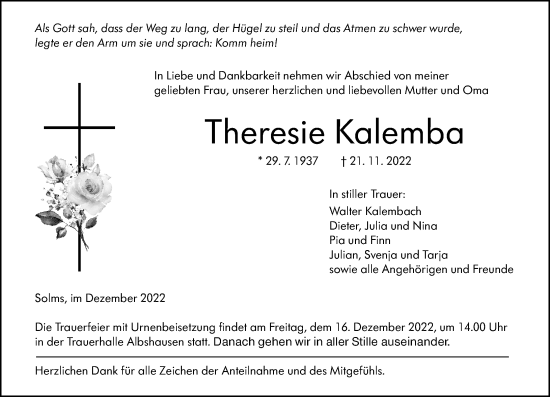Traueranzeige von Theresie Kalemba von Wetzlarer Neue Zeitung