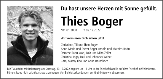 Traueranzeige von Thies Boger von Weilburger Tageblatt