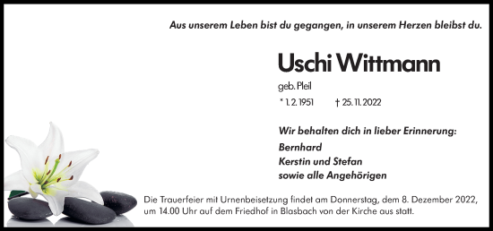 Traueranzeige von Uschi Wittmann von Wetzlarer Neue Zeitung