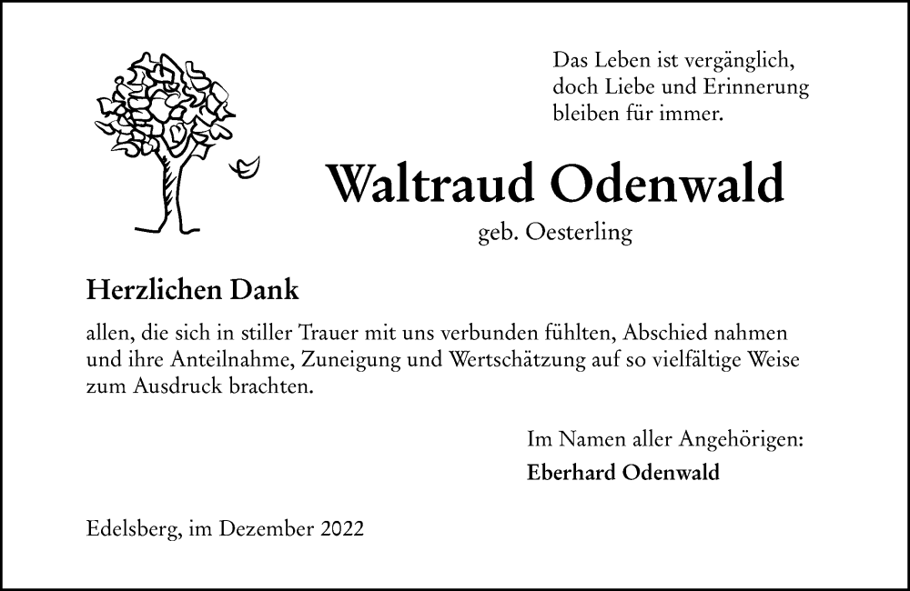  Traueranzeige für Waltraud Odenwald vom 17.12.2022 aus Weilburger Tageblatt