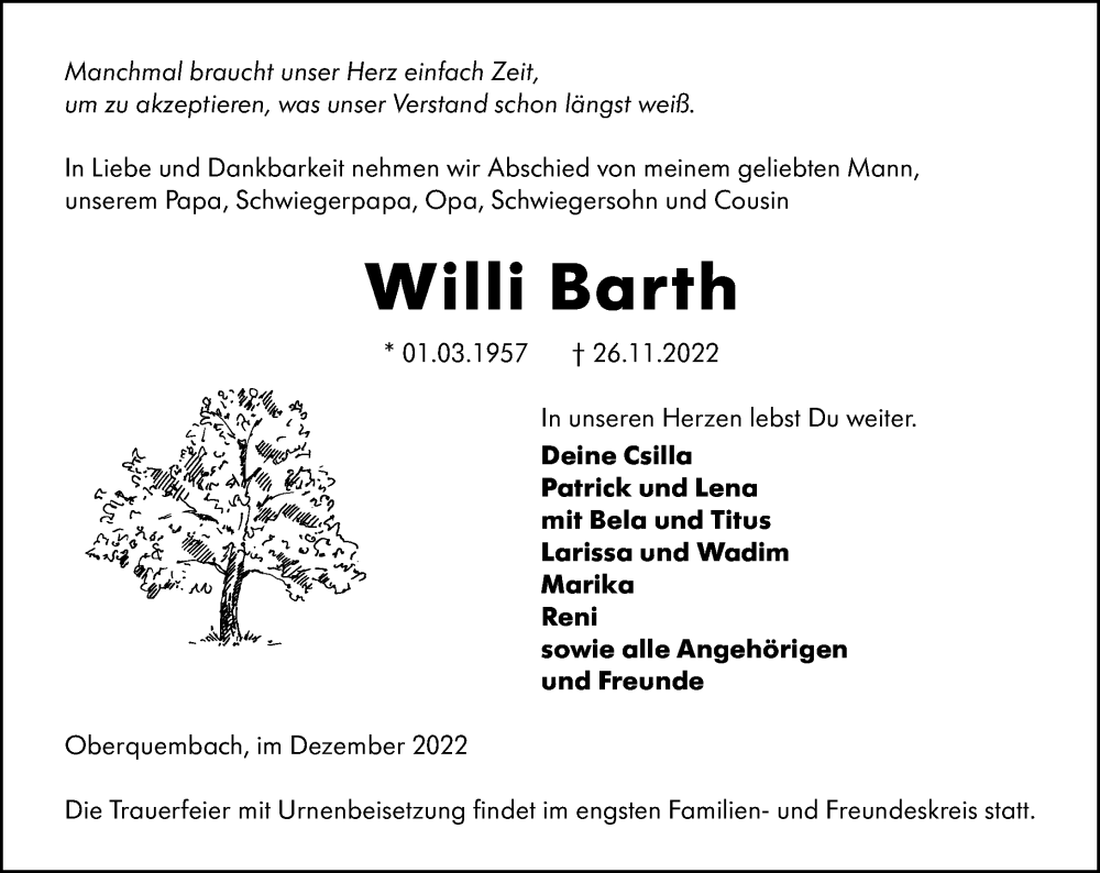  Traueranzeige für Willi Barth vom 07.12.2022 aus Wetzlarer Neue Zeitung