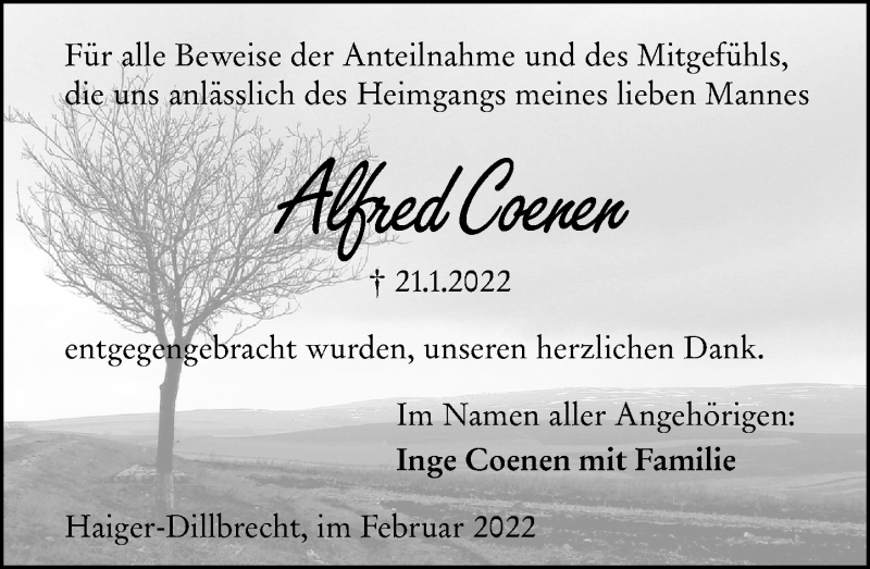  Traueranzeige für Alfred Coenen vom 19.02.2022 aus Dill Block