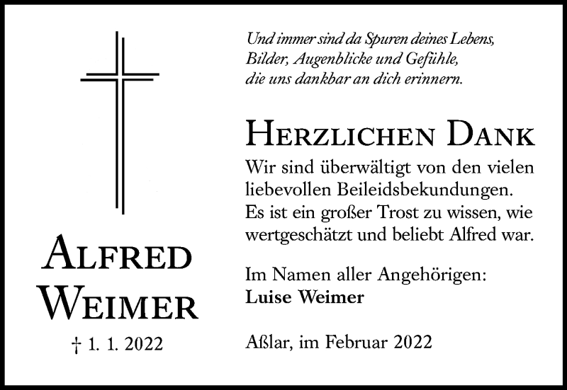  Traueranzeige für Alfred Weimer vom 05.02.2022 aus Wetzlarer Neue Zeitung