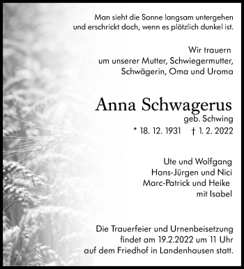 Traueranzeige von Anna Schwagerus von Lauterbacher Anzeiger