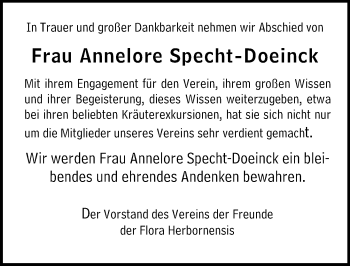 Traueranzeige von Annelore Specht-Doeinck von Dill Block
