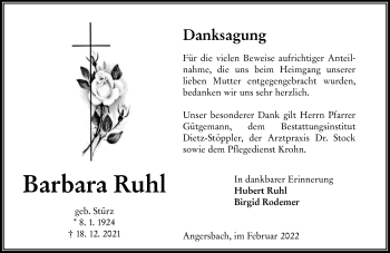 Traueranzeige von Barbara Ruhl von 948 OK Oberhessen Kurier