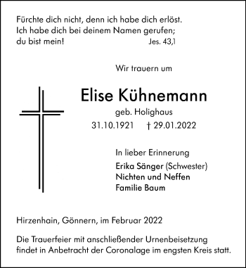 Traueranzeige von Elise Kühnemann von Hinterländer Anzeiger