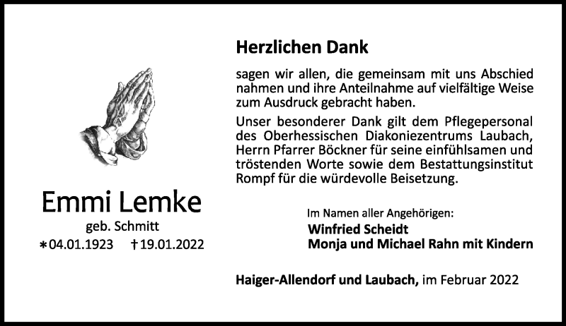  Traueranzeige für Emmi Lemke vom 03.02.2022 aus Dill Block