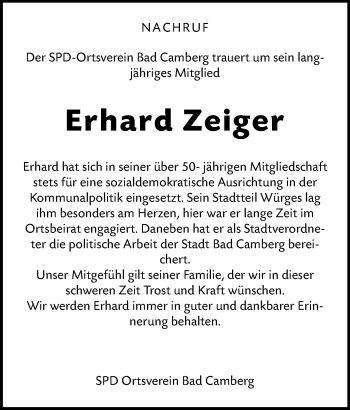 Traueranzeige von Erhard Zeiger von Camberger Anzeiger