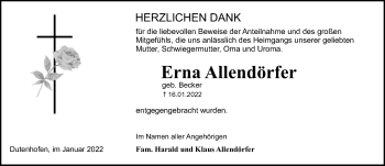 Traueranzeige von Erna Allendörfer von Wetzlarer Neue Zeitung