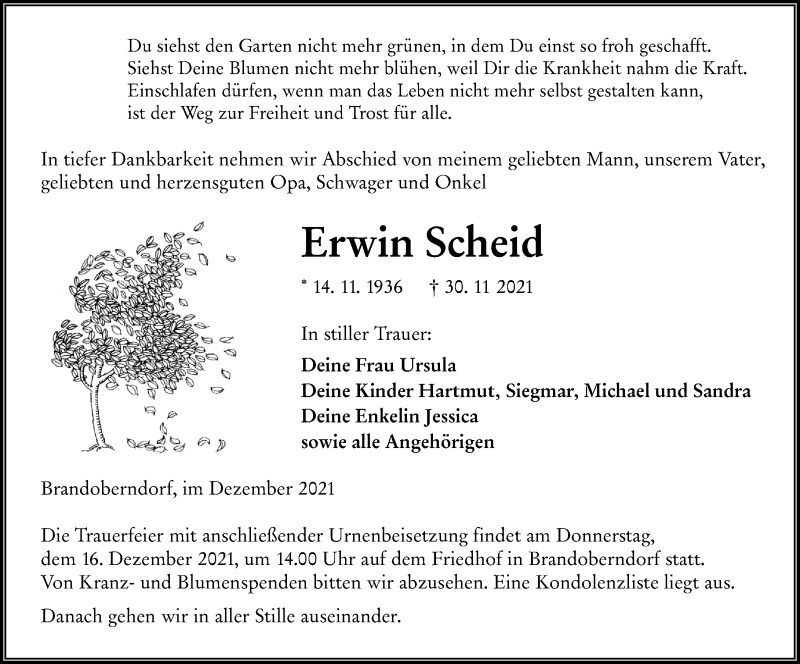  Traueranzeige für Erwin Scheid vom 13.12.2021 aus 201 Wetzlarer Neue Zeitung
