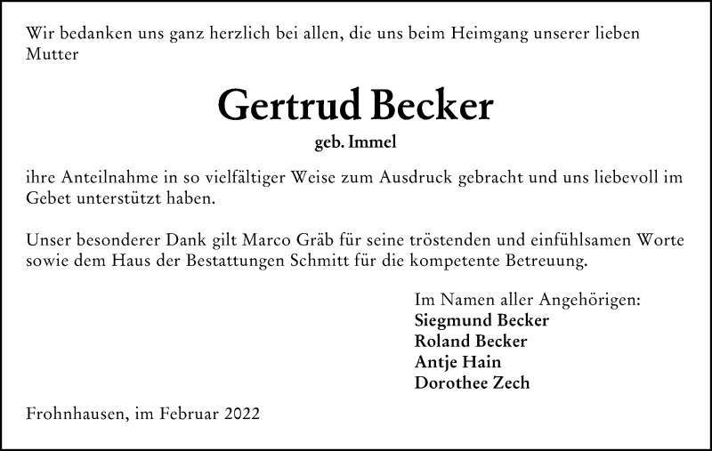  Traueranzeige für Gertrud Becker vom 26.02.2022 aus Dill Block