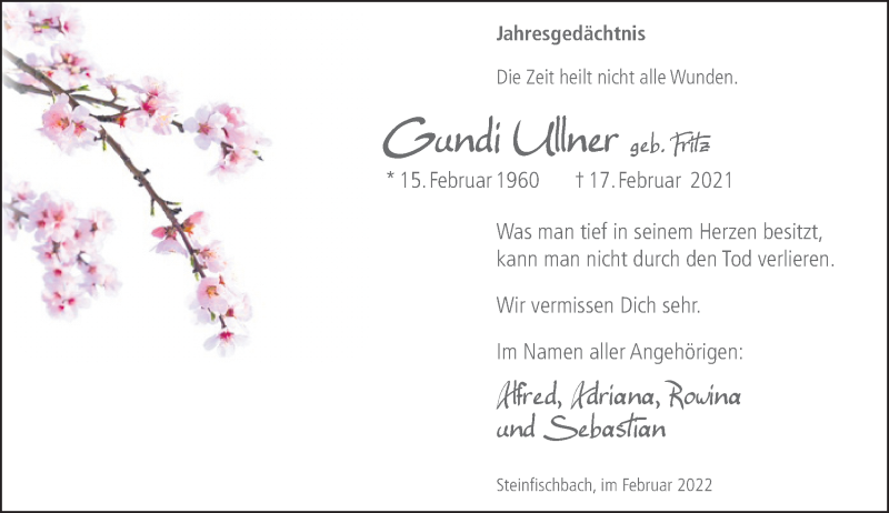  Traueranzeige für Gundi Ullner vom 17.02.2022 aus Camberger Anzeiger