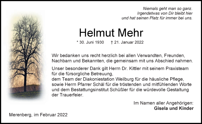  Traueranzeige für Helmut Mehr vom 26.02.2022 aus Weilburger Tageblatt