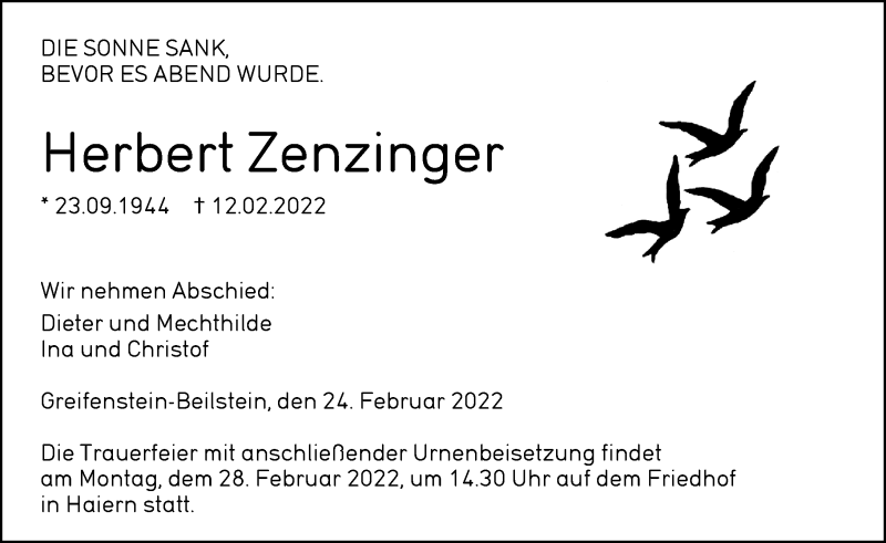  Traueranzeige für Herbert Zenzinger vom 24.02.2022 aus Dill Block