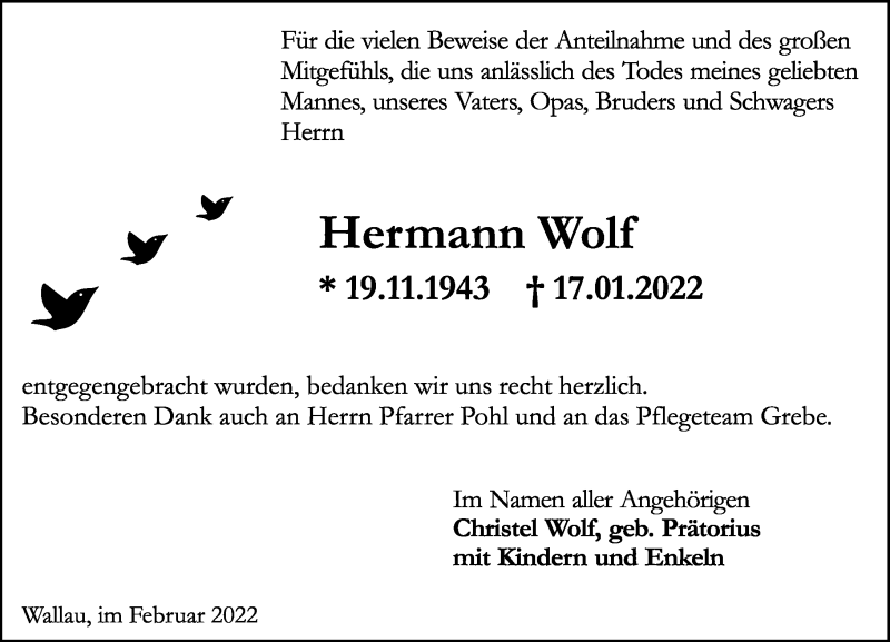  Traueranzeige für Hermann Wolf vom 19.02.2022 aus Hinterländer Anzeiger