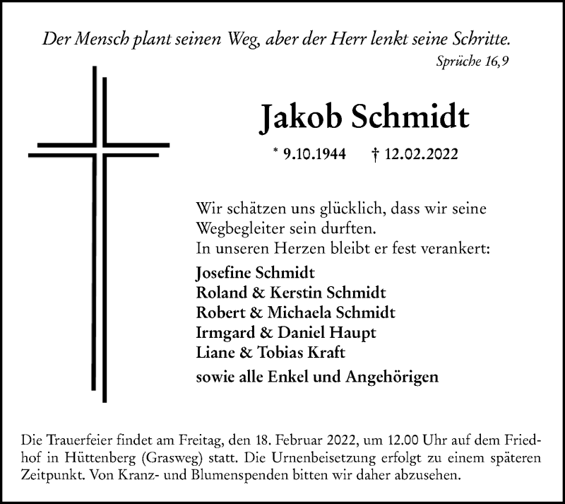  Traueranzeige für Jakob Schmidt vom 15.02.2022 aus Wetzlarer Neue Zeitung