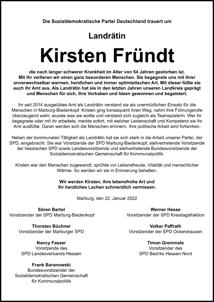  Traueranzeige für Kirsten Fründt vom 22.02.2022 aus Hinterländer Anzeiger