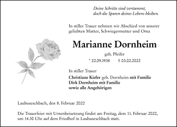 Traueranzeige von Marianne Dornheim von Weilburger Tageblatt