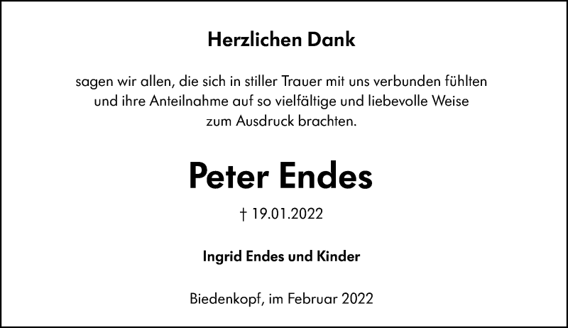  Traueranzeige für Peter Endes vom 19.02.2022 aus Hinterländer Anzeiger