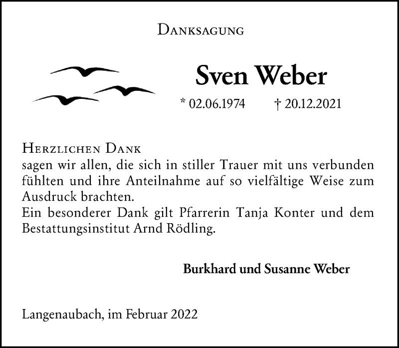  Traueranzeige für Sven Weber vom 19.02.2022 aus Dill Block