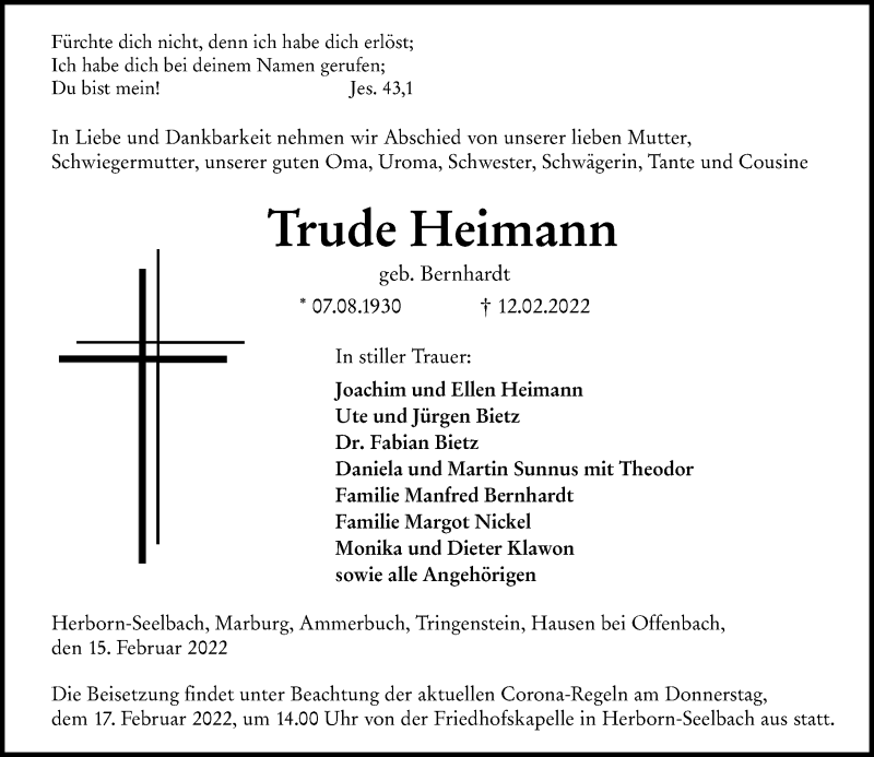  Traueranzeige für Trude Heimann vom 15.02.2022 aus Dill Block