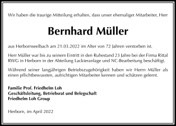 Traueranzeige von Bernhard Müller von Dill Block