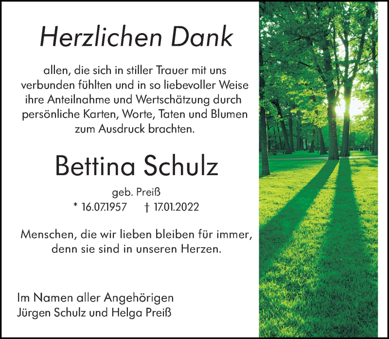  Traueranzeige für Bettina Schulz vom 05.03.2022 aus Dill Block