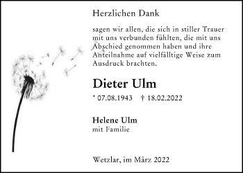 Traueranzeige von Dieter Ulm von Wetzlarer Neue Zeitung