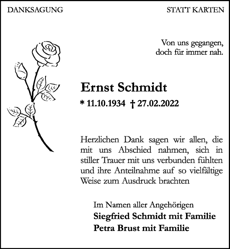  Traueranzeige für Ernst Schmidt vom 26.03.2022 aus Hinterländer Anzeiger