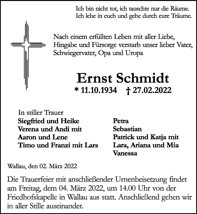  Traueranzeige für Ernst Schmidt vom 02.03.2022 aus Hinterländer Anzeiger