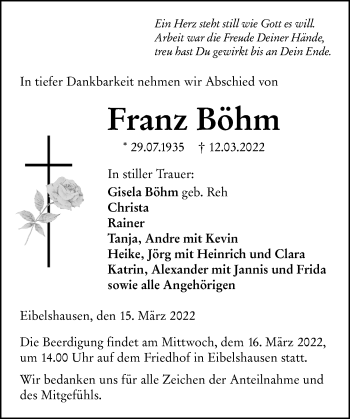 Traueranzeige von Franz Böhm von Dill Block