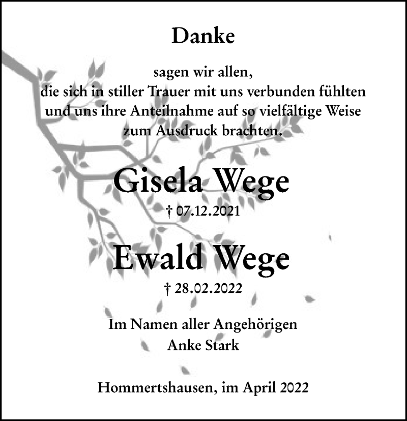  Traueranzeige für Gisela Wege vom 01.04.2022 aus Hinterländer Anzeiger