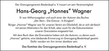 Traueranzeige von Hans-Georg Wagner von Hinterländer Anzeiger