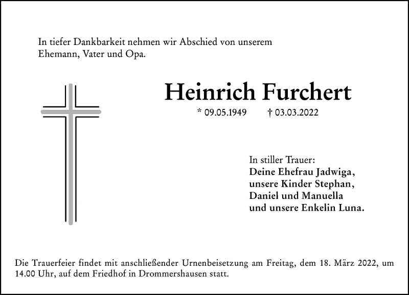  Traueranzeige für Heinrich Furchert vom 16.03.2022 aus Weilburger Tageblatt