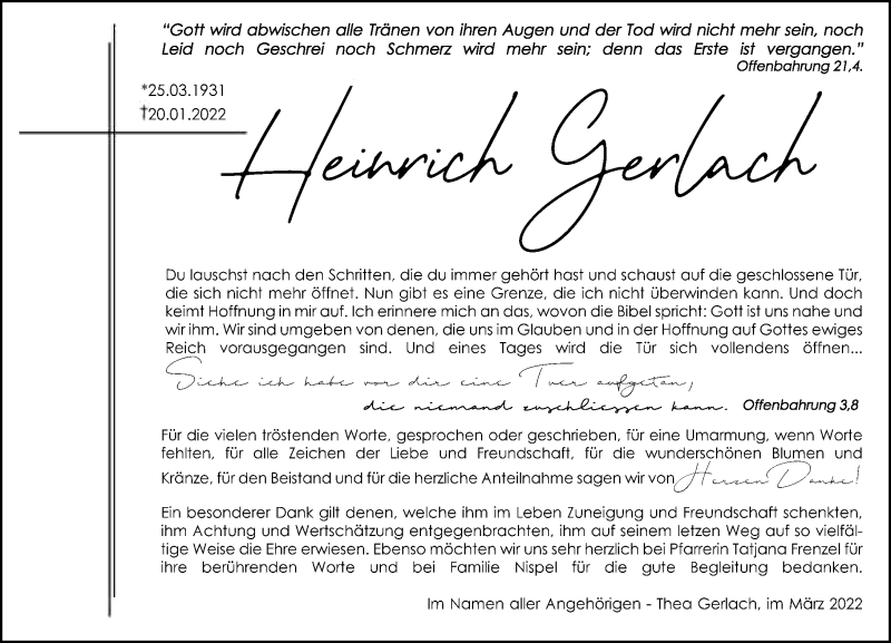  Traueranzeige für Heinrich Gerlach vom 26.03.2022 aus Hinterländer Anzeiger